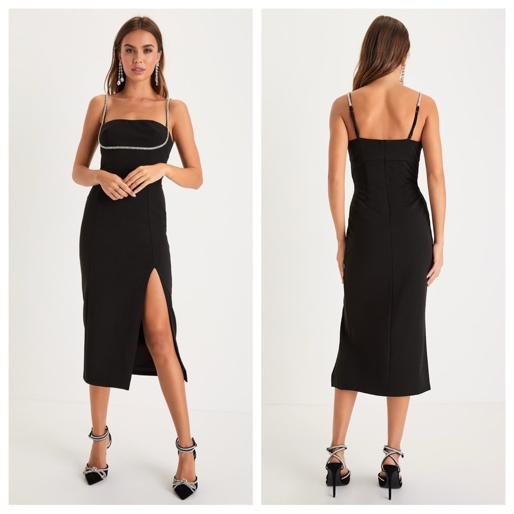 Lulus Upscale Flirt Black Rhinestone Sleeveless Bodycon Midi Dress